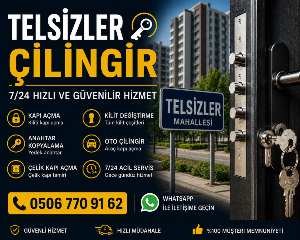Telsizler Mahallesi çilingir hizmetimiz kapıda kalma, anahtar kaybı, kilit arızası, çelik kapı açma, oto çilingir ve kilit değiştirme işlemlerinde profesyonel çözümler sunmaktadır. Uzman ekiplerimiz haftanın 7 günü 24 saat hizmet vererek Telsizler Mahallesi ve çevresindeki müşterilerimize ortalama 15 dakikada ulaşmaktadır. Modern ekipmanlarımız ve deneyimli ustalarımız sayesinde hızlı, güvenilir ve hasarsız çilingir hizmeti sağlamaktayız.