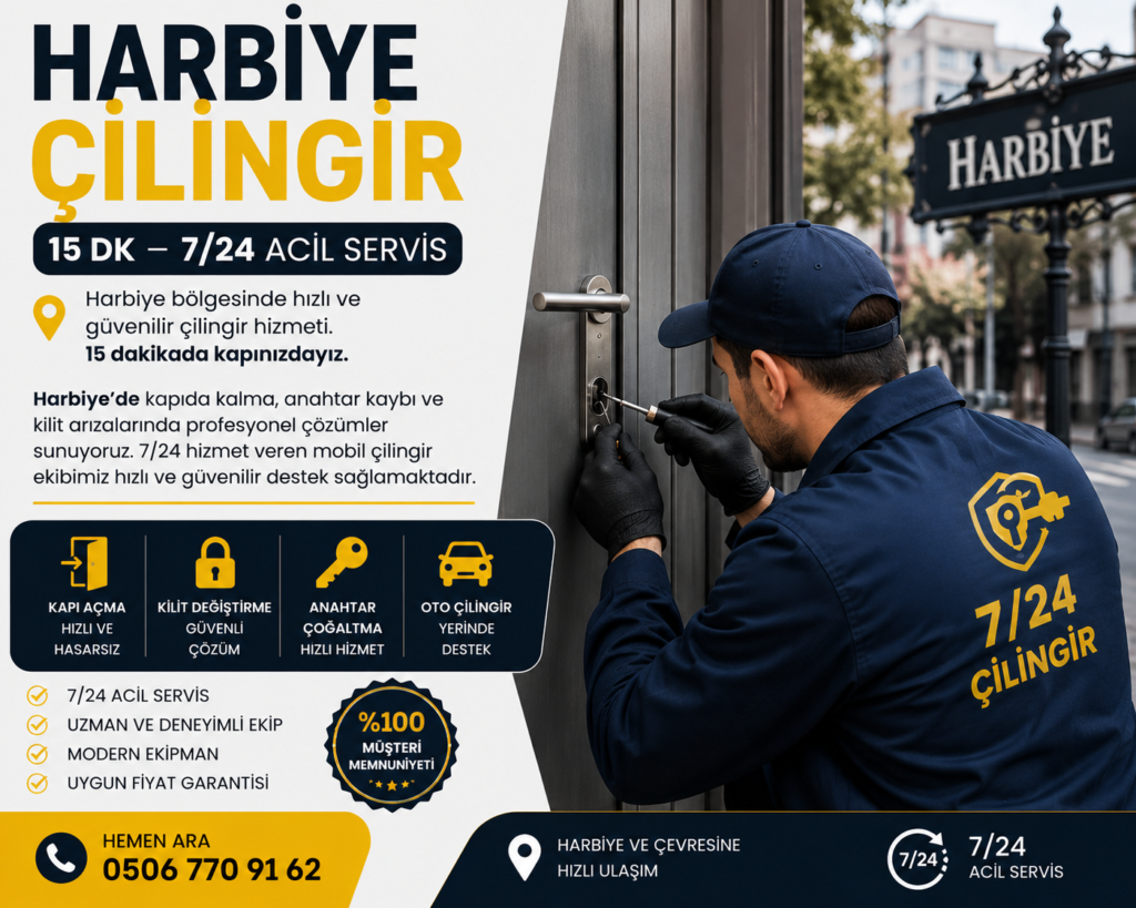 Harbiye’de kapıda kalma, anahtar kaybı ve kilit arızalarında profesyonel çözümler sunuyoruz. 7/24 hizmet veren mobil çilingir ekibimiz hızlı ve güvenilir destek sağlamaktadır.