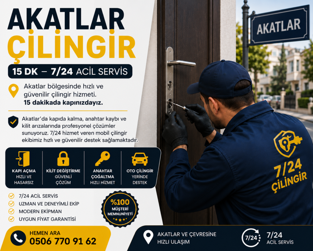 Akatlar’da kapıda kalma, anahtar kaybı ve kilit arızalarında profesyonel çözümler sunuyoruz. 7/24 hizmet veren mobil çilingir ekibimiz hızlı ve güvenilir destek sağlamaktadır.
