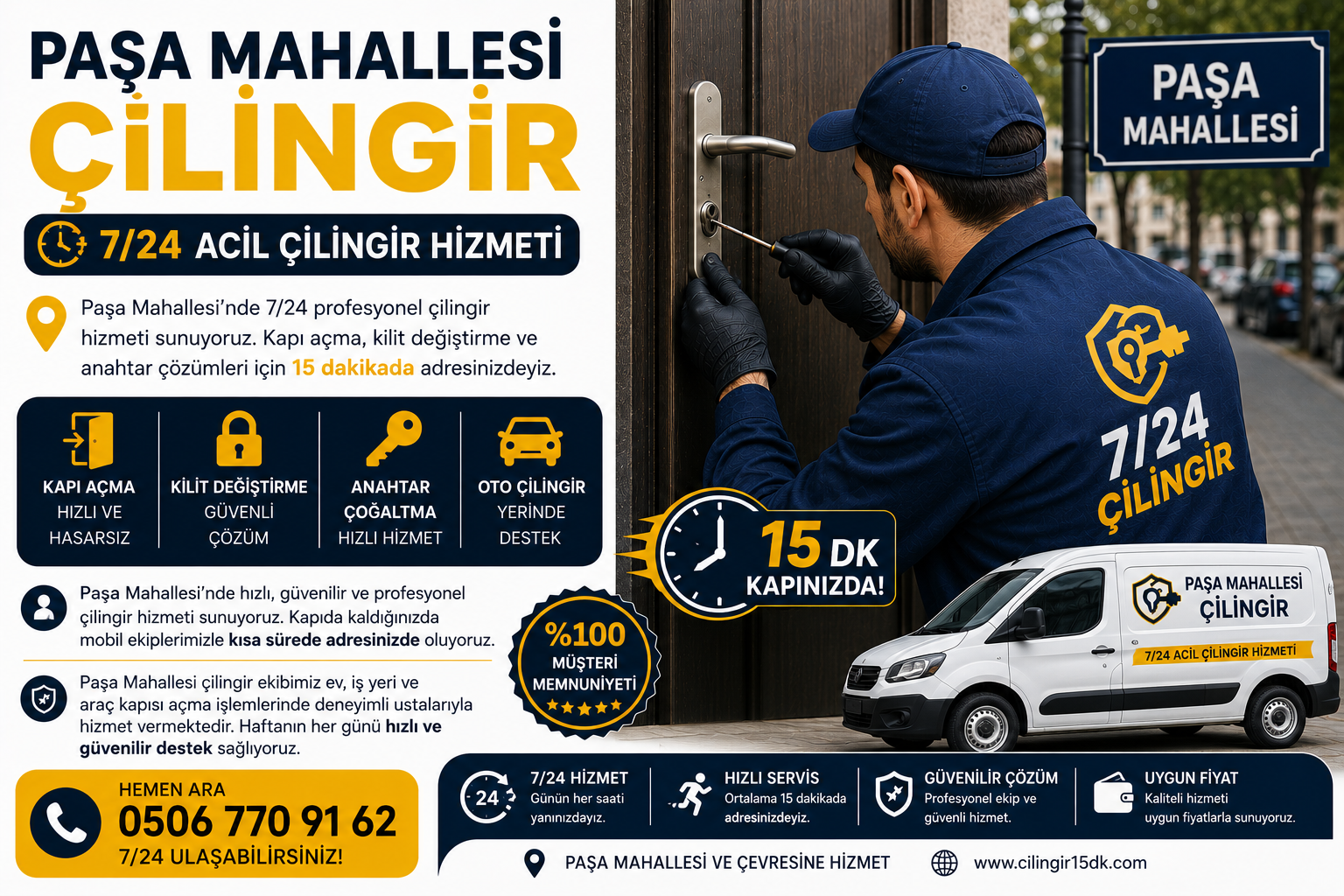 Paşa Mahallesi’nde hızlı, güvenilir ve profesyonel çilingir hizmeti sunuyoruz. Kapıda kaldığınızda mobil ekiplerimizle kısa sürede adresinizde oluyoruz.