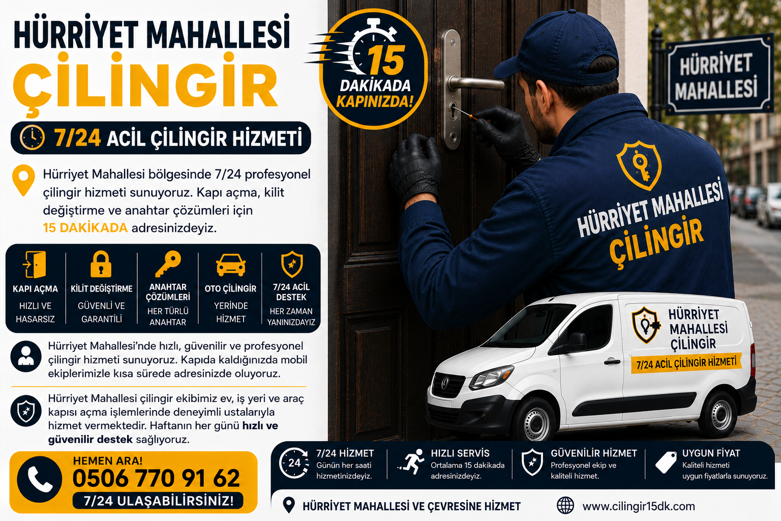 Hürriyet Mahallesi’nde hızlı, güvenilir ve profesyonel çilingir hizmeti sunuyoruz. Kapıda kaldığınızda mobil ekiplerimizle kısa sürede adresinizde oluyoruz.