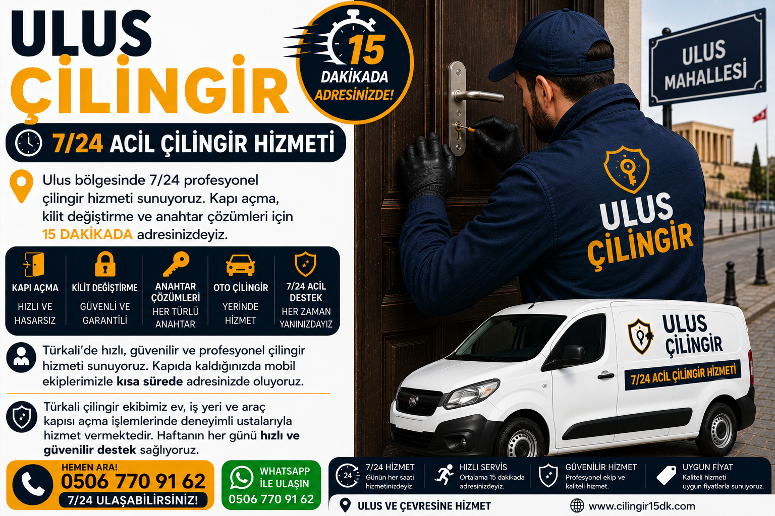 Ulus’ta hızlı, güvenilir ve profesyonel çilingir hizmeti sunuyoruz. Kapıda kaldığınızda mobil ekiplerimizle kısa sürede adresinizde oluyoruz.