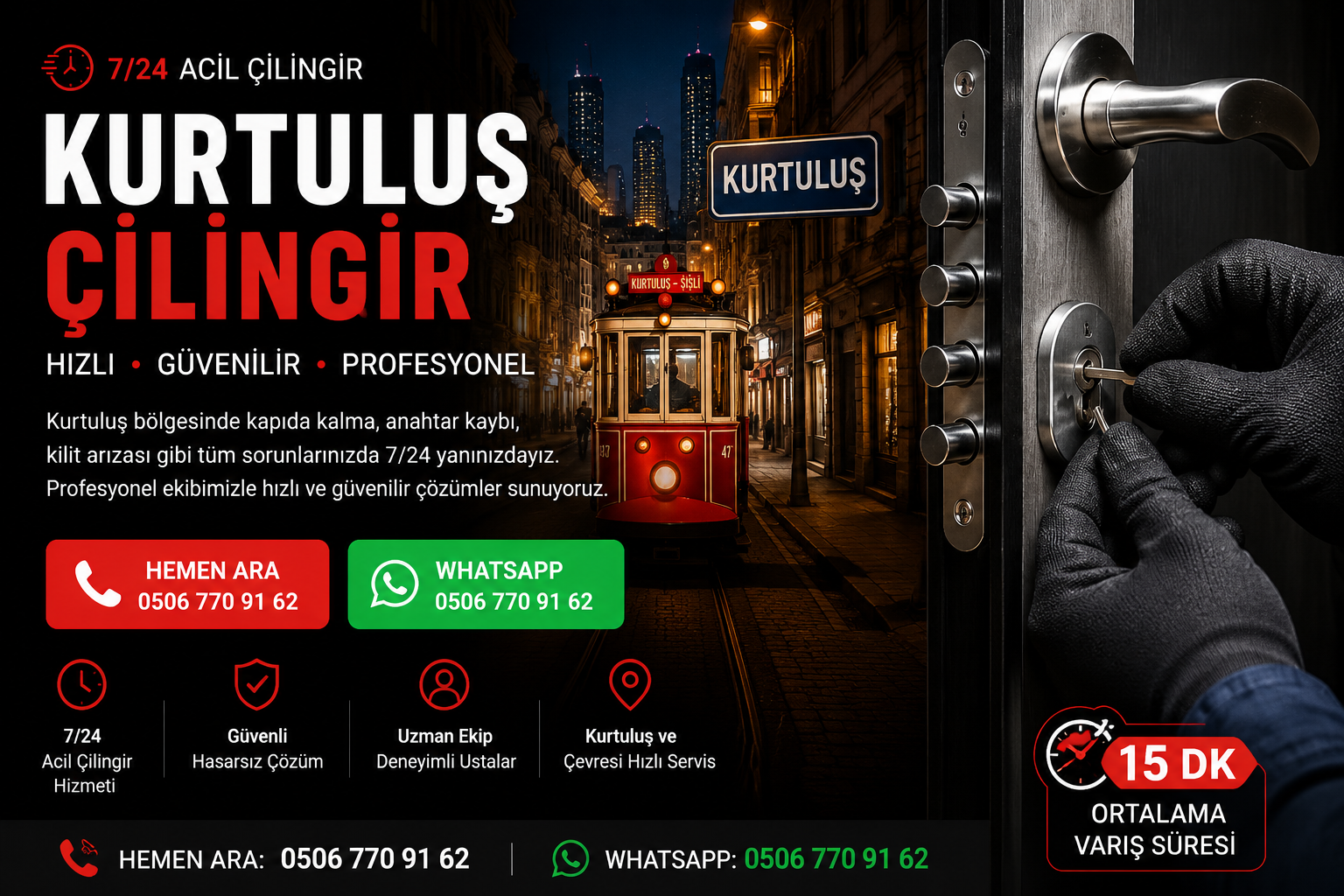Kurtuluş Çilingir 15 DK – 7/24 Acil Çilingir, Kapı Açma, Oto Çilingir ve Kilit Değiştirme Hizmeti