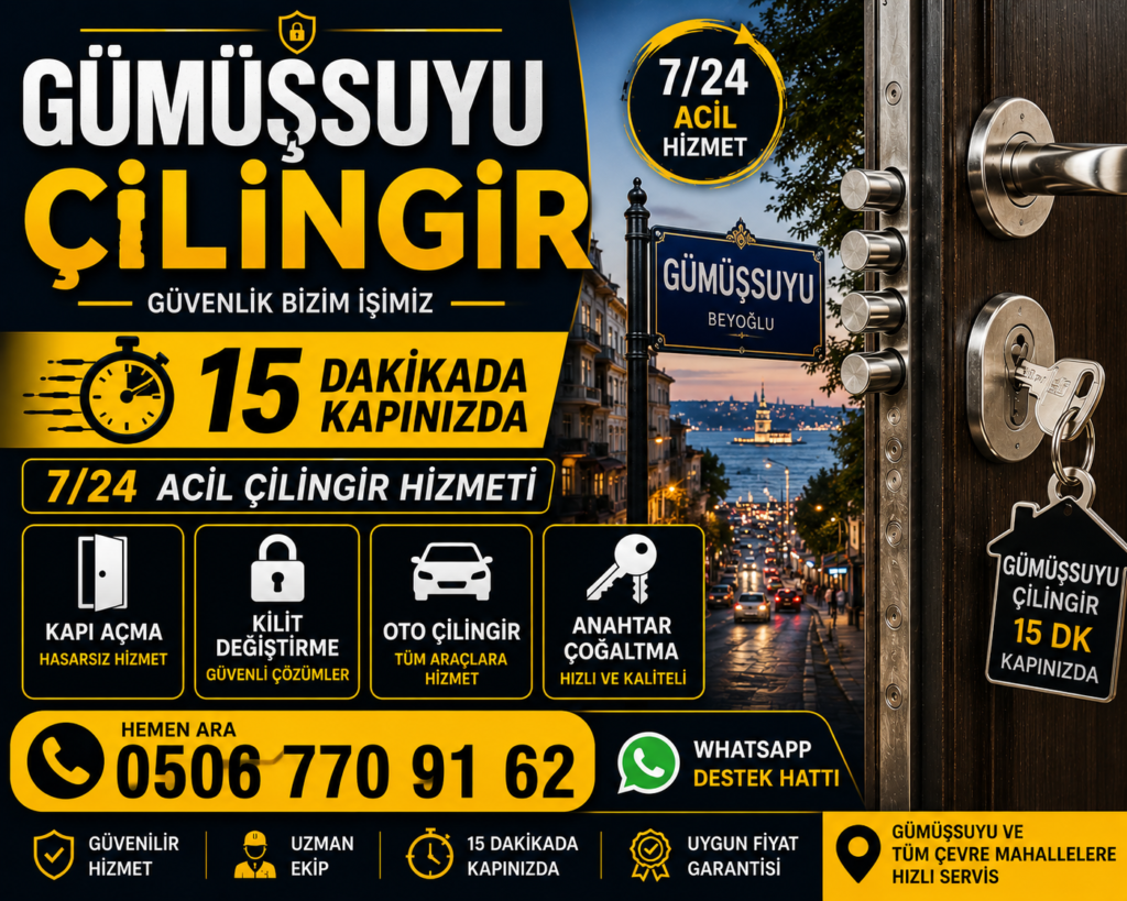 Gümüşsuyu çilingir, Gümüşsuyu anahtarcı, 7/24 acil çilingir, kapı açma, çelik kapı açma, kilit değiştirme, oto çilingir ve anahtar çoğaltma hizmeti. Ortalama 15 dakikada adresinizde.