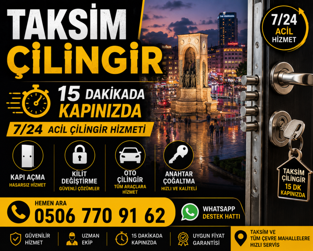 Taksim çilingir, Taksim anahtarcı, 7/24 acil çilingir, kapı açma, çelik kapı açma, kilit değiştirme, oto çilingir ve anahtar çoğaltma hizmeti. Ortalama 15 dakikada adresinizde.